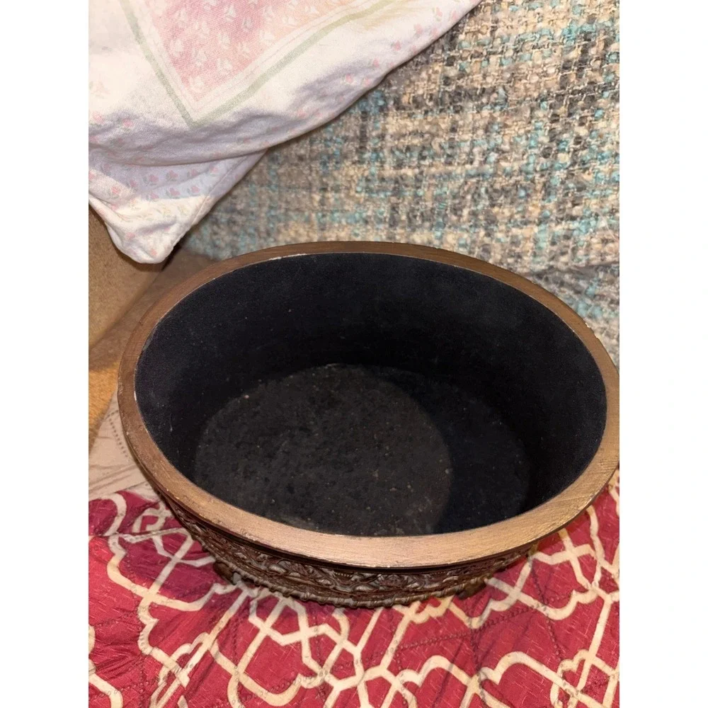 Vintage Style Bronze Ornate Oval Trinket Box with Black Tassels & Felt Lining